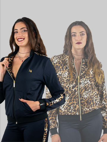 Giacca tuta sportiva donna reversibile elegante nera leopardo double outfit sostenibile made in Italy
